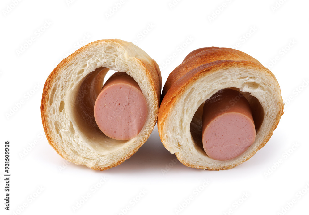 Sausage cut in half in dough isolated on a white background.