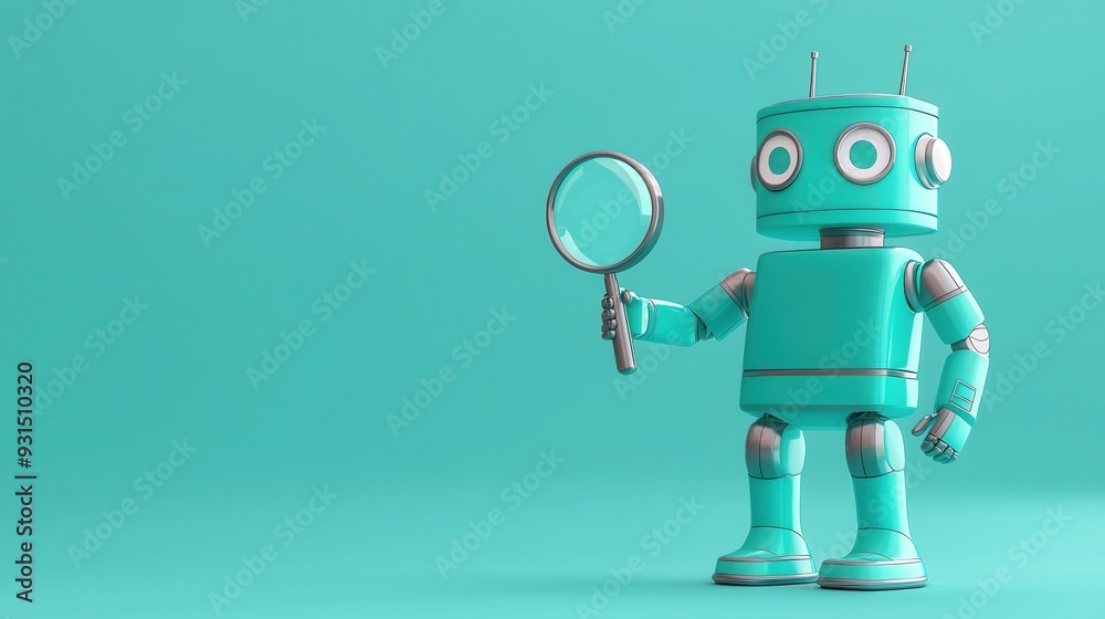 A colorful toy robot holding a magnifying glass, set against a vibrant turquoise backdrop, ideal for tech and children themes. A colorful toy robot holding a magnifying glass, set against a vibrant turquoise backdrop, ideal for tech and children themes.