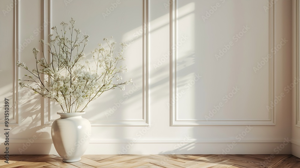 White classic wall background brown parquet floor home furniture detail frame and vase of plant : Generative AI White classic wall background brown parquet floor home furniture detail frame and vase of plant : Generative AI