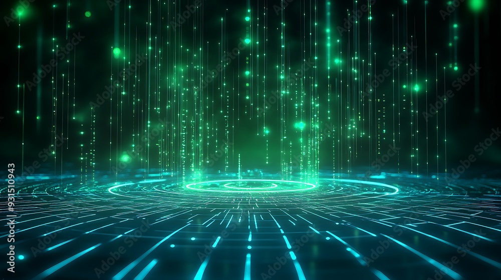 Futuristic digital background with green matrix code raining down and glowing circular interface element on a grid-like surface. Futuristic digital background with green matrix code raining down and glowing circular interface element on a grid-like surface.