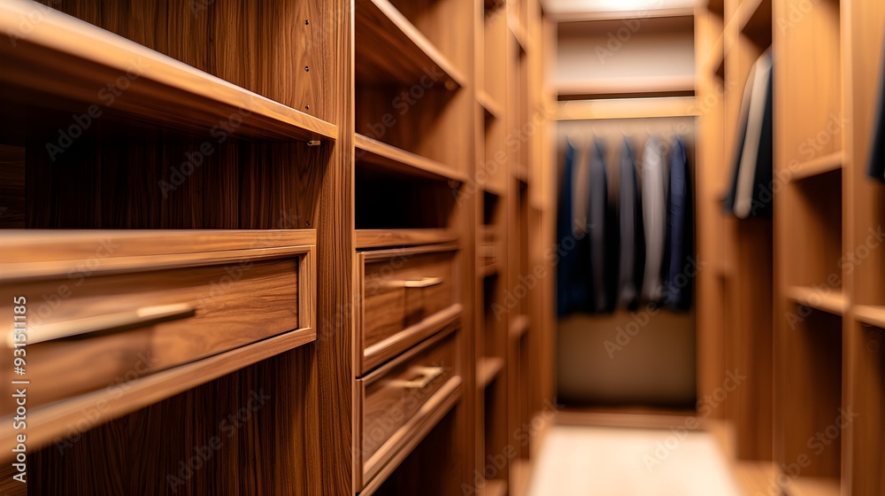 Spacious and elegant walk-in closet featuring walnut wood cabinetry and shelving, set against soft beige walls for a timeless, refined look Spacious and elegant walk-in closet featuring walnut wood cabinetry and shelving, set against soft beige walls for a timeless, refined look