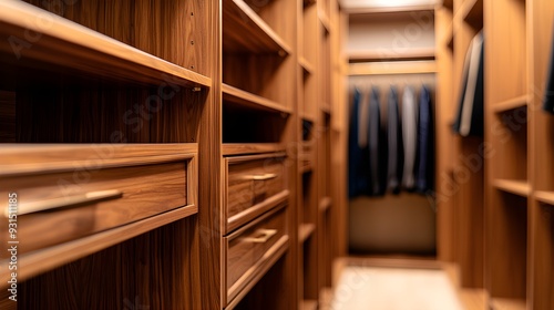 Spacious and elegant walk-in closet featuring walnut wood cabinetry and shelving, set against soft beige walls for a timeless, refined look