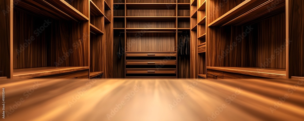 Stylish walk-in closet design with walnut wood shelves and cabinetry, harmonized with soft beige walls for a classic and sophisticated feel Stylish walk-in closet design with walnut wood shelves and cabinetry, harmonized with soft beige walls for a classic and sophisticated feel