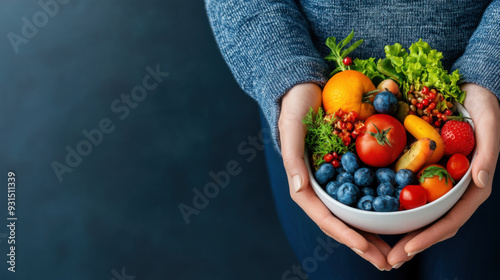 Fototapeta Naklejka Na Ścianę i Meble -  Hands presenting a bowl filled with colorful fresh fruits and vegetables, promoting healthy eating and a balanced diet.