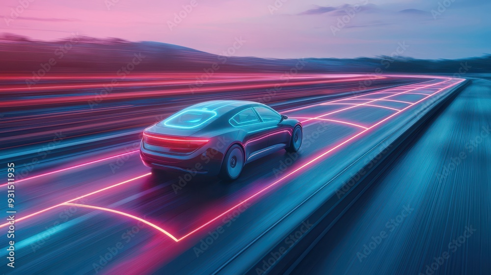 Futuristic car speeding on a neon-lit highway, showcasing advanced technology and modern design in dynamic motion.