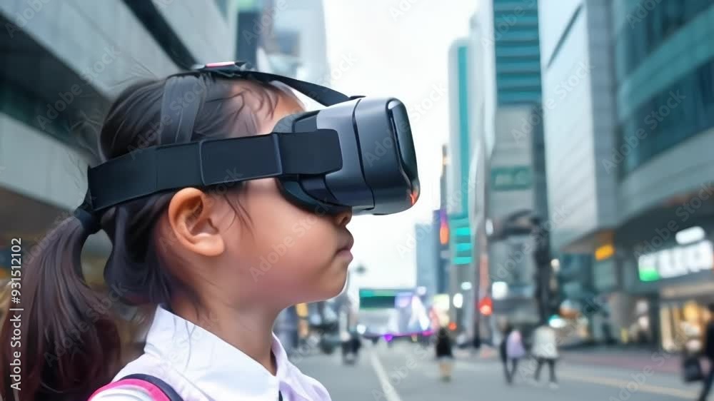 Girl exploring future city with VR device on the street Girl exploring future city with VR device on the street