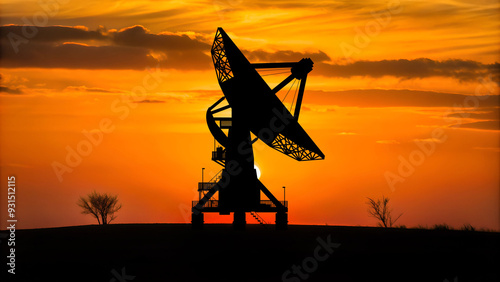 Silhouette Radioteleskop mit Parabolspiegel beim Überwachen von Signalen und Radiofrequenzen im Weltall - Wissenschaft und Astronomie photo