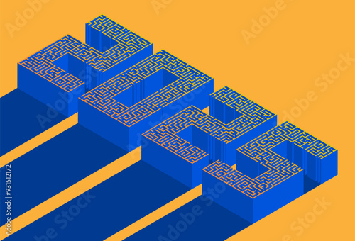 New Year 2025, numbers written in isometric font made from 3D labyrinth. Concept of choosing a path to a bright future. Maze design element. Contrast blue orange vector