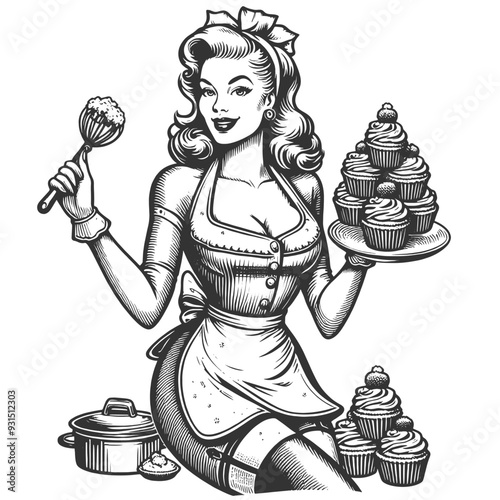 smiling woman with a plate of beautifully decorated cupcakes, homely baking scene sketch engraving generative ai fictional character vector illustration. Scratch board imitation. Black and white image