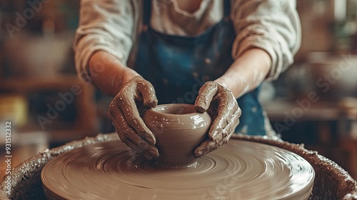 Close up of potter's hands shaping clay on a pottery wheel.