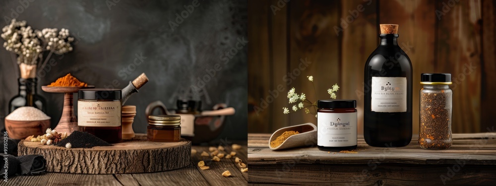 Rustic spice and herb jars on wooden surfaces with vintage decor Rustic spice and herb jars on wooden surfaces with vintage decor