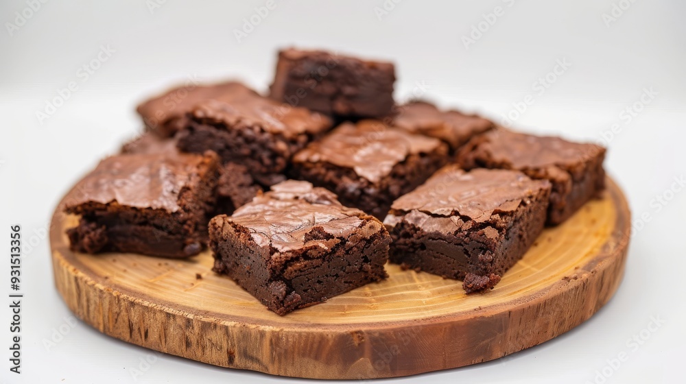 On a white wooden plate, a stack of homemade chocolate brownie pieces sits on a delicious white background. On a white wooden plate, a stack of homemade chocolate brownie pieces sits on a delicious white background.
