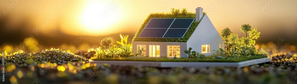 A miniature eco-friendly house with solar panels, surrounded by green landscape and sunlight, symbolizing sustainable living. A miniature eco-friendly house with solar panels, surrounded by green landscape and sunlight, symbolizing sustainable living.