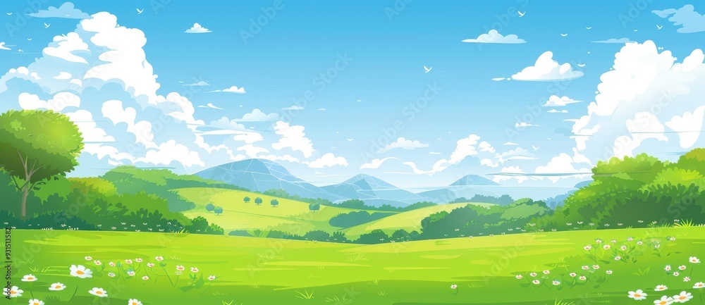 Fototapeta premium The green field of spring grass is surrounded by a bright blue sky on a sunny day.
