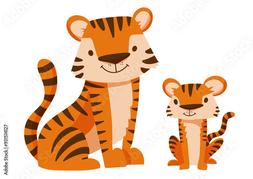 Canvas Print Mom and baby tiger flat simple cute illustration