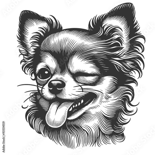 winking chihuahua dog with its tongue out, playful and cute expression with detailed line work sketch engraving generative ai vector illustration. Scratch board imitation. Black and white image.