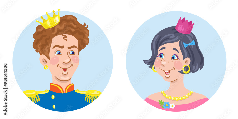 Prince and Princess. Avatar icons cartoon. Isolated on white background. Vector flat illustration Prince and Princess. Avatar icons cartoon. Isolated on white background. Vector flat illustration