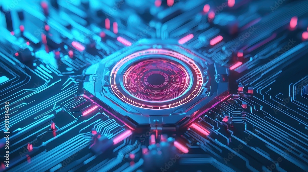 Fototapeta premium Futuristic close-up of a circuit board with glowing elements, showcasing digital technology and innovative design.