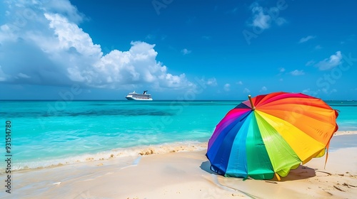 Multicolour vibrant rainbow beach umbrella on a beautiful hot and clear sunny day with cruise ship on the horizon turquoise water Arashi Beach Aruba Caribbean Sea Photo taken in Februa : Generative AI photo