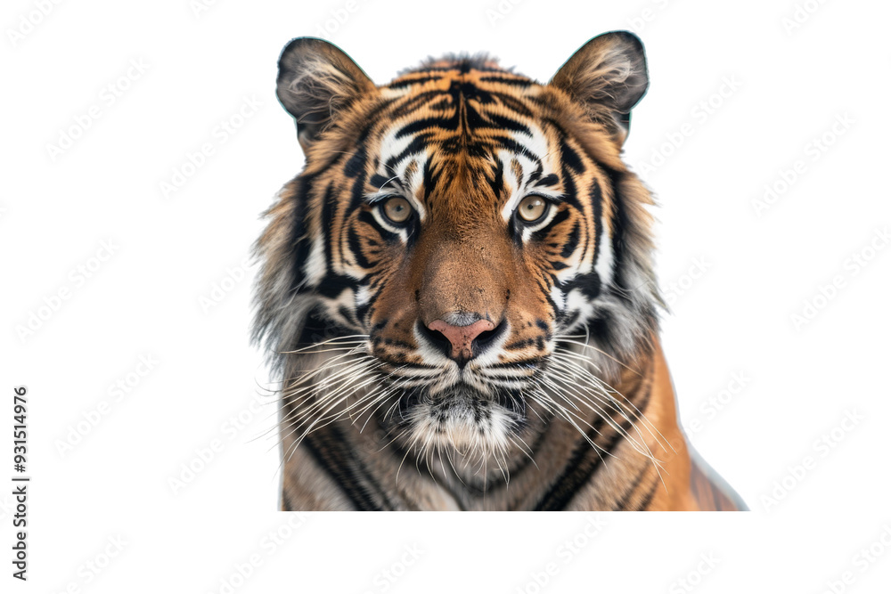 Obraz premium Close-up portrait of an Asian Bengal tiger, staring directly at the camera, set on a white background, highlighting its powerful gaze and striking coat pattern