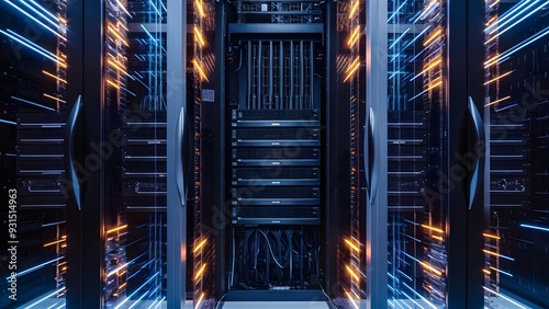 A highly organized server room with rows of state of the art servers in black and silver racks complex network of cables modern technology advanced infrastructure 