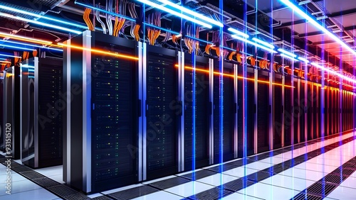 A highly organized server room with rows of state of the art servers in black and silver racks complex network of cables modern technology advanced infrastructure 