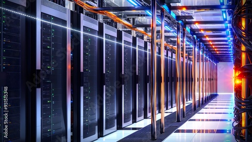 A highly organized server room with rows of state of the art servers in black and silver racks complex network of cables modern technology advanced infrastructure 