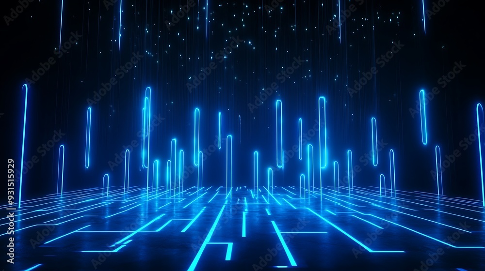 Futuristic digital landscape with glowing blue lines and falling stars, ideal for technology, innovation, and network concepts. Futuristic digital landscape with glowing blue lines and falling stars, ideal for technology, innovation, and network concepts.