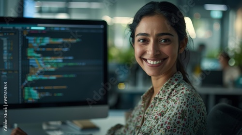 In the office, a young woman working on a laptop with a smart Indian IT developer programmer.