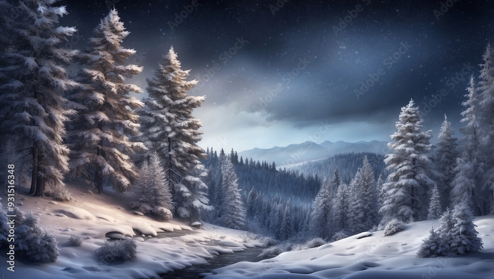 Fototapeta premium Winter Night Landscape with Snowy Forest and Fir Branches