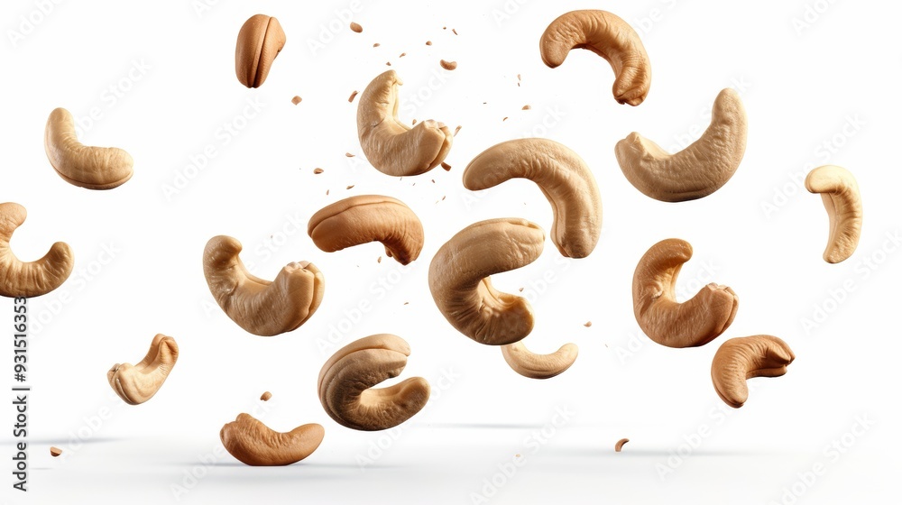 A 3D render of many dry cashew nuts flying over a white background. Stock image A 3D render of many dry cashew nuts flying over a white background. Stock image