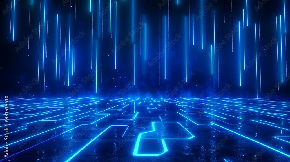 Futuristic digital landscape with glowing blue neon lights and binary code, representing technology and innovation.