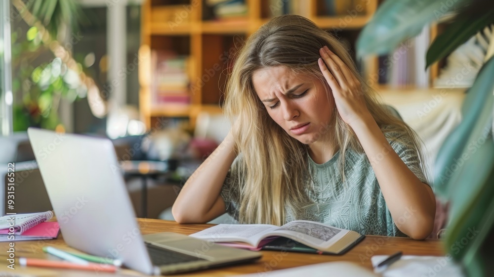 An image depicting a young businesswoman very tired after working on her laptop at home. An image depicting a young businesswoman very tired after working on her laptop at home.