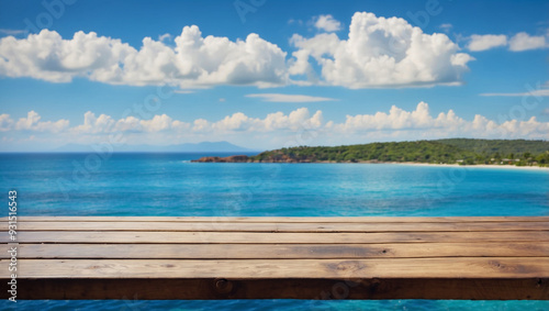 Fototapeta Naklejka Na Ścianę i Meble -  Wooden Table on the Background of the Sea and Island