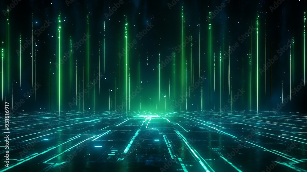 Futuristic digital landscape with glowing green lines and matrix-like code, perfect representation for technology and cyber concepts. Futuristic digital landscape with glowing green lines and matrix-like code, perfect representation for technology and cyber concepts.