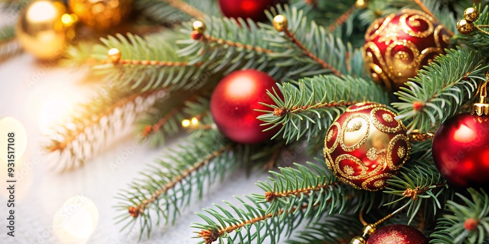 Fototapeta premium Winter's Greeting: A Festive Christmas Tree. Capture the essence of holiday joy with this close-up of a Christmas tree adorned with gleaming baubles and twinkling lights.