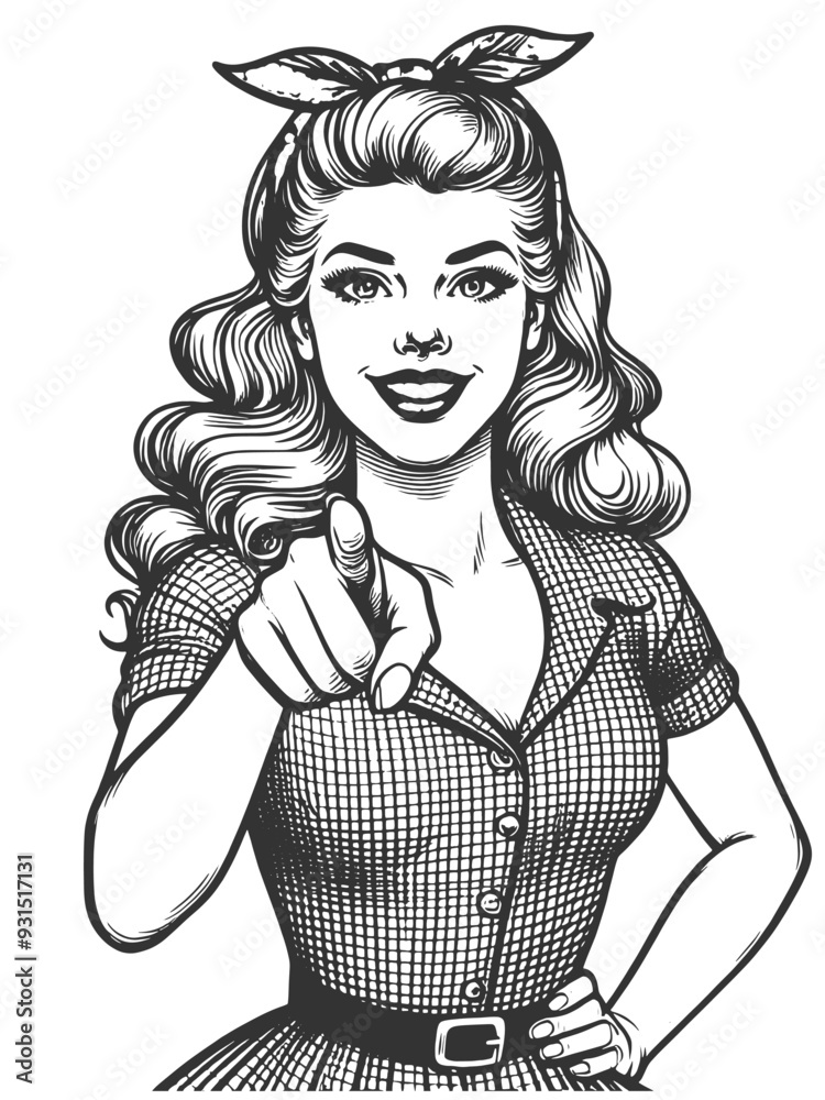 cheerful woman with curled hair smiling and pointing her finger directly at the viewer in playful manner sketch engraving generative ai fictional character vector illustration. Black and white image cheerful woman with curled hair smiling and pointing her finger directly at the viewer in playful manner sketch engraving generative ai fictional character vector illustration. Black and white image