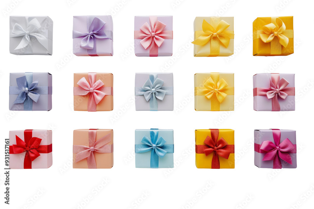 Colorful sets of square gift boxes with ribbon bows, neatly arranged on a white background Colorful sets of square gift boxes with ribbon bows, neatly arranged on a white background