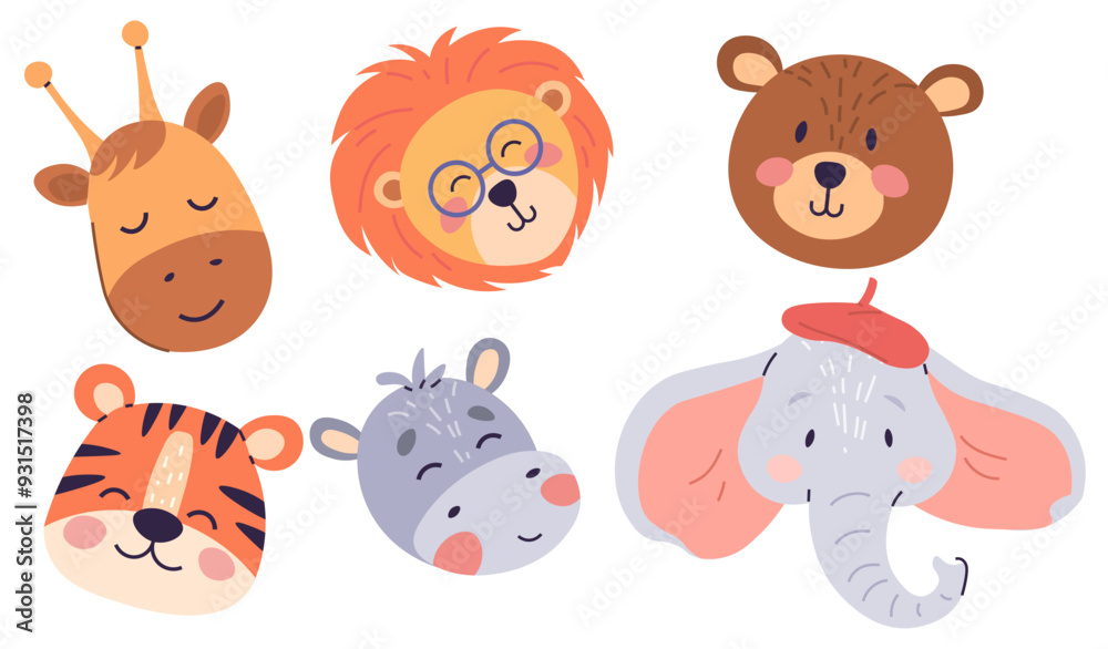 A collection of gentle animal portraits, each with a touch of playfulness, perfect for adding a whimsical charm to kids creative spaces A collection of gentle animal portraits, each with a touch of playfulness, perfect for adding a whimsical charm to kids creative spaces