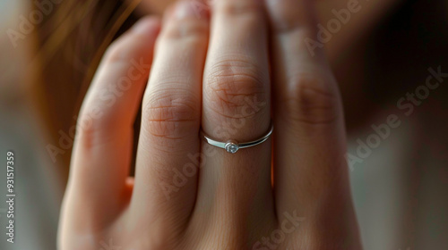 Close-up of a girlâs fingers placing a ring onto her thumb, the band fitting perfectly photo