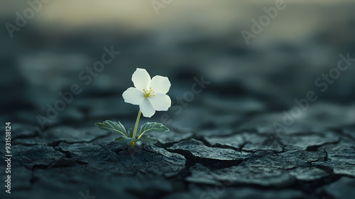 Flowers on dry cracked land, miracle of life in natural environment