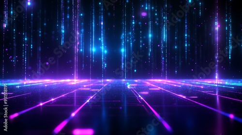 Futuristic digital landscape with glowing neon lights and lines. Perfect for technology, innovation, and virtual reality concepts.