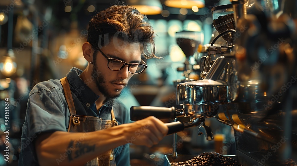 Young man coffee roaster working in roastery coffee roasting in specialty coffee roastery : Generative AI Young man coffee roaster working in roastery coffee roasting in specialty coffee roastery : Generative AI