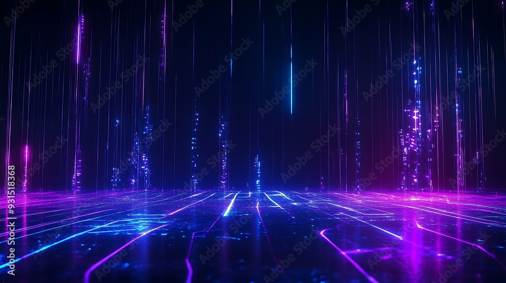 Futuristic digital landscape with glowing neon lights on a dark background, creating a vibrant and immersive sci-fi atmosphere. Futuristic digital landscape with glowing neon lights on a dark background, creating a vibrant and immersive sci-fi atmosphere.
