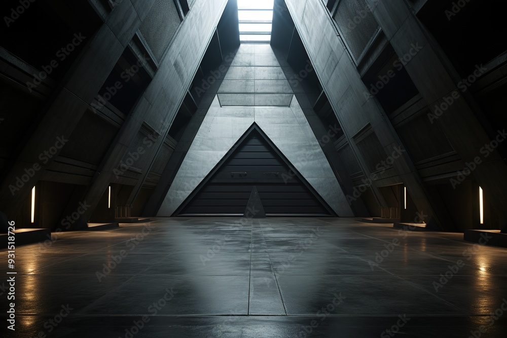 Fototapeta premium Modern concrete building interior with a large door and a skylight.