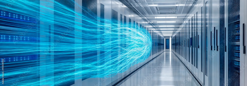 Fototapeta premium Conceptual modern business server room with bright blue energy flowing over the computer racks