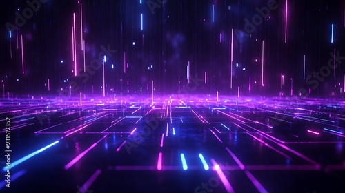 Futuristic digital landscape with neon lights and glowing grids. Perfect for technology, innovation, and digital transformation themes.