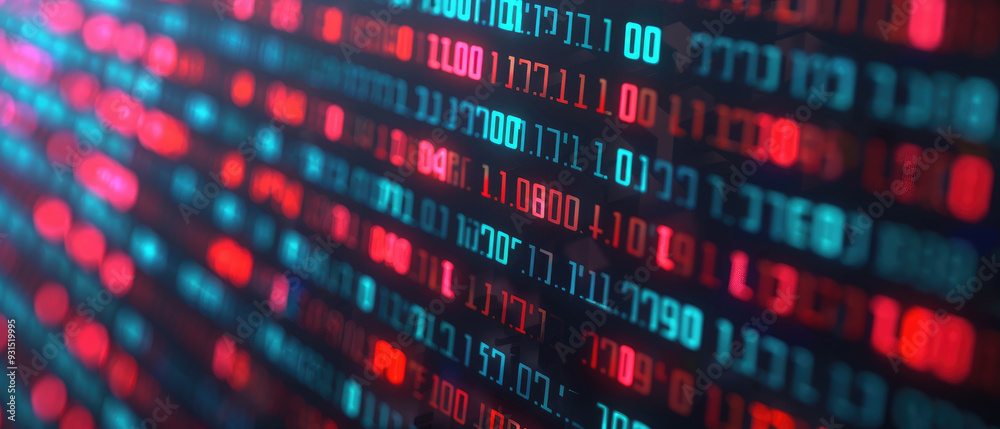 Digital Data Stream, a vibrant display of binary code illuminated in red and blue, representing the pulse of technology and information in a modern digital landscape. Digital Data Stream, a vibrant display of binary code illuminated in red and blue, representing the pulse of technology and information in a modern digital landscape.