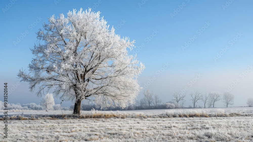 Isolated tree with bare branches in a frosty field, winter theme Isolated tree with bare branches in a frosty field, winter theme