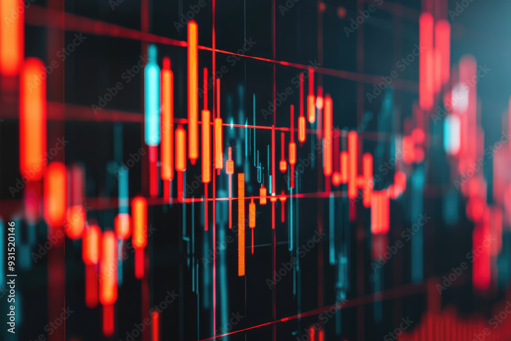 Dynamic stock market analysis, vivid candlestick chart displaying fluctuations in trading volume, predominantly red and blue colors indicating market volatility and trends. Dynamic stock market analysis, vivid candlestick chart displaying fluctuations in trading volume, predominantly red and blue colors indicating market volatility and trends.
